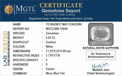 White Sapphire - 5.87 Carats (Safed Pukhraj - 6.40 Ratti)