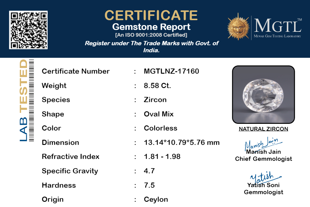 White Zircon - 8.58 Carats (Jarkan - 9.35 Ratti)