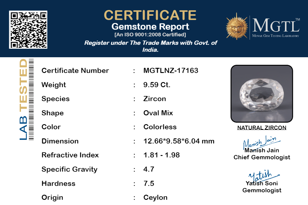 White Zircon - 9.59 Carats (Jarkan - 10.45 Ratti)