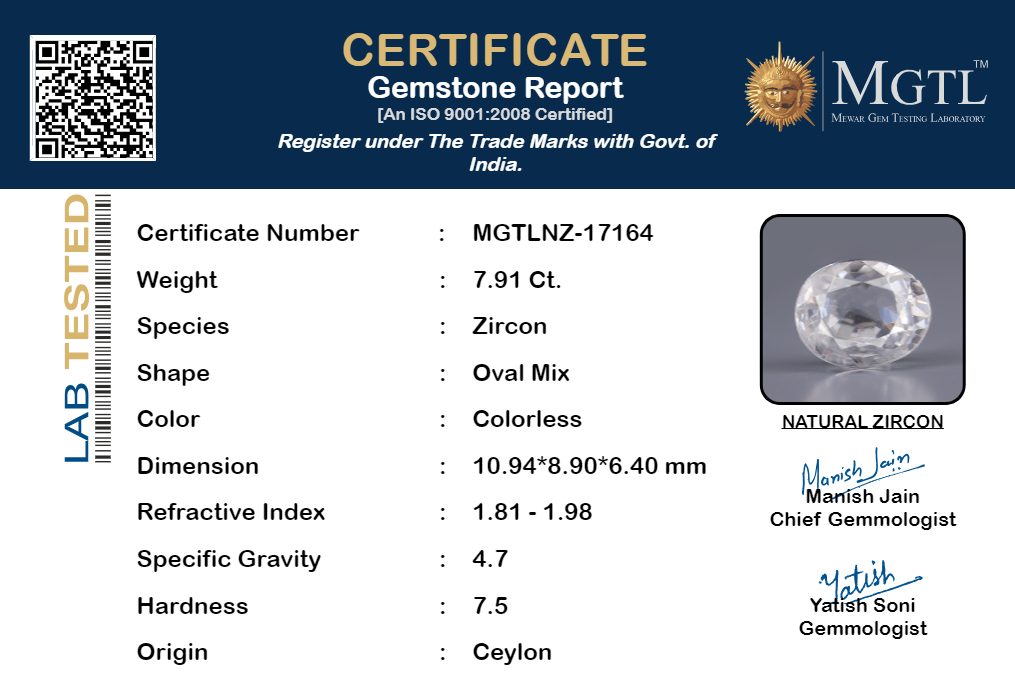 White Zircon - 7.91 Carats (Jarkan - 8.62 Ratti)