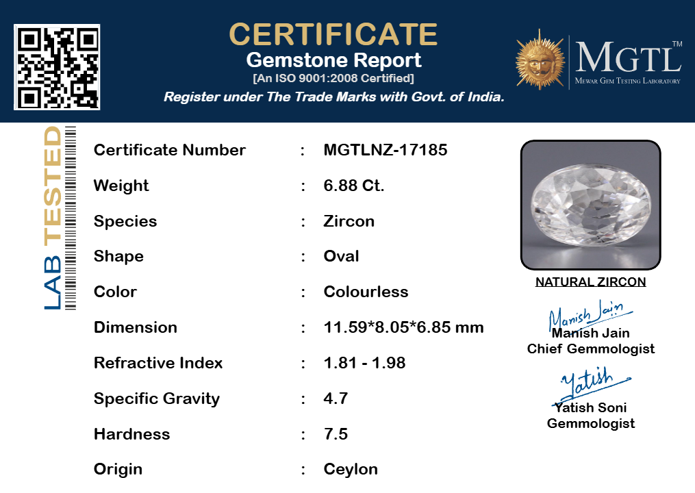 White Zircon - 6.88 Carats (Jarkan - 7.50 Ratti)