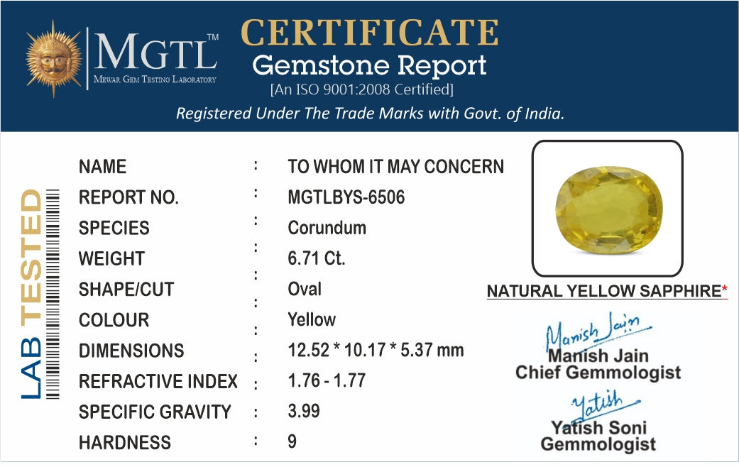 Yellow Sapphire - 6.71 Carats (Pukhraj - 7.31 Ratti)