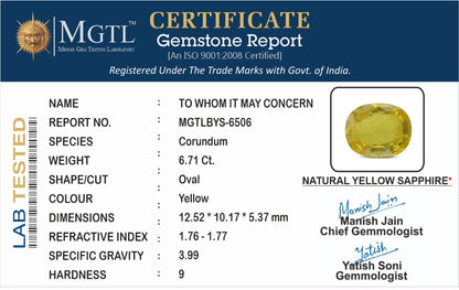 Yellow Sapphire - 6.71 Carats (Pukhraj - 7.31 Ratti)