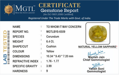 Yellow Sapphire - 6.40 Carats (Pukhraj - 6.98 Ratti)