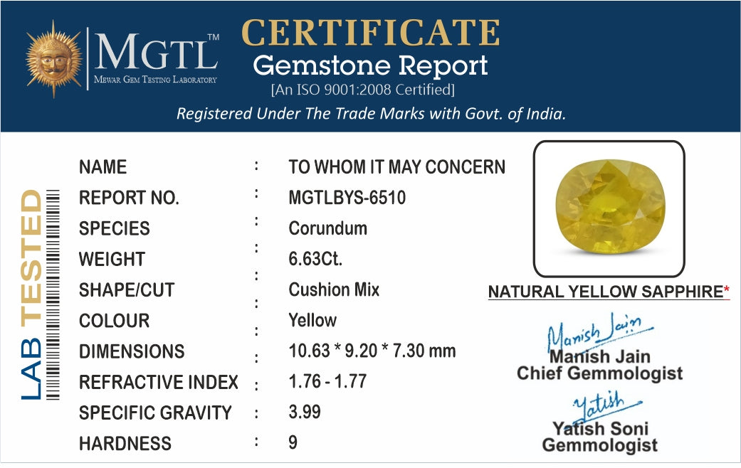 Yellow Sapphire (Pukhraj) - 6.63 Carats