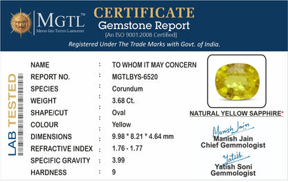 Yellow Sapphire - 3.68 Carats (Pukhraj - 4.01 Ratti)