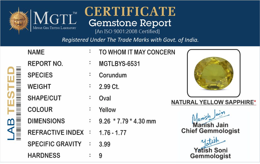 Yellow Sapphire (Pukhraj) - 2.99 Carats