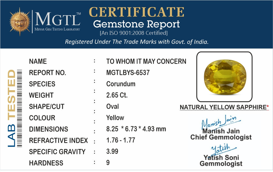 Yellow Sapphire - 2.65 Carats (Pukhraj - 2.89 Ratti)