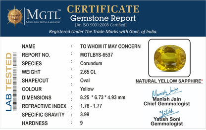 Yellow Sapphire - 2.65 Carats (Pukhraj - 2.89 Ratti)