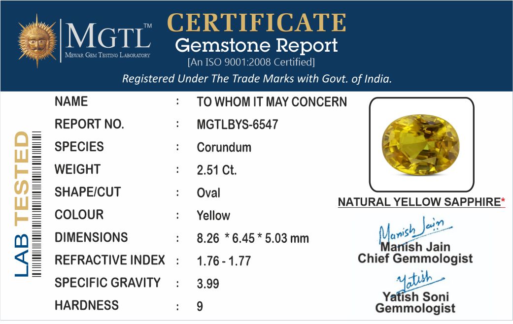 Yellow Sapphire - 2.51 Carats (Pukhraj - 2.74 Ratti)