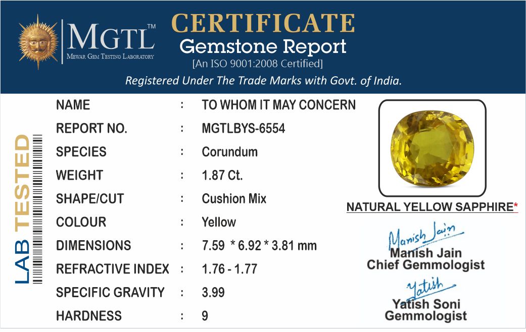 Yellow Sapphire - 1.87 Carats (Pukhraj - 2.04 Ratti)