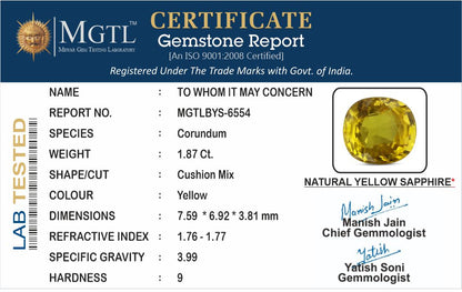 Yellow Sapphire - 1.87 Carats (Pukhraj - 2.04 Ratti)