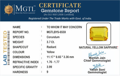 Yellow Sapphire - 3.70 Carats (Pukhraj - 4.03 Ratti)