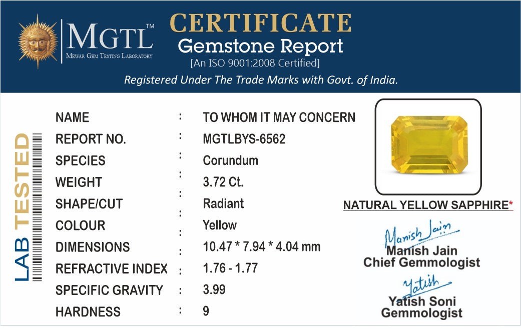 Yellow Sapphire - 3.72 Carats (Pukhraj - 4.05 Ratti)