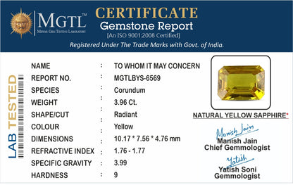 Yellow Sapphire - 3.96 Carats (Pukhraj - 4.32 Ratti)