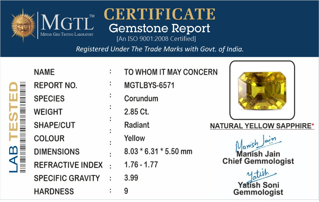 Yellow Sapphire - 2.85 Carats (Pukhraj - 3.11 Ratti)