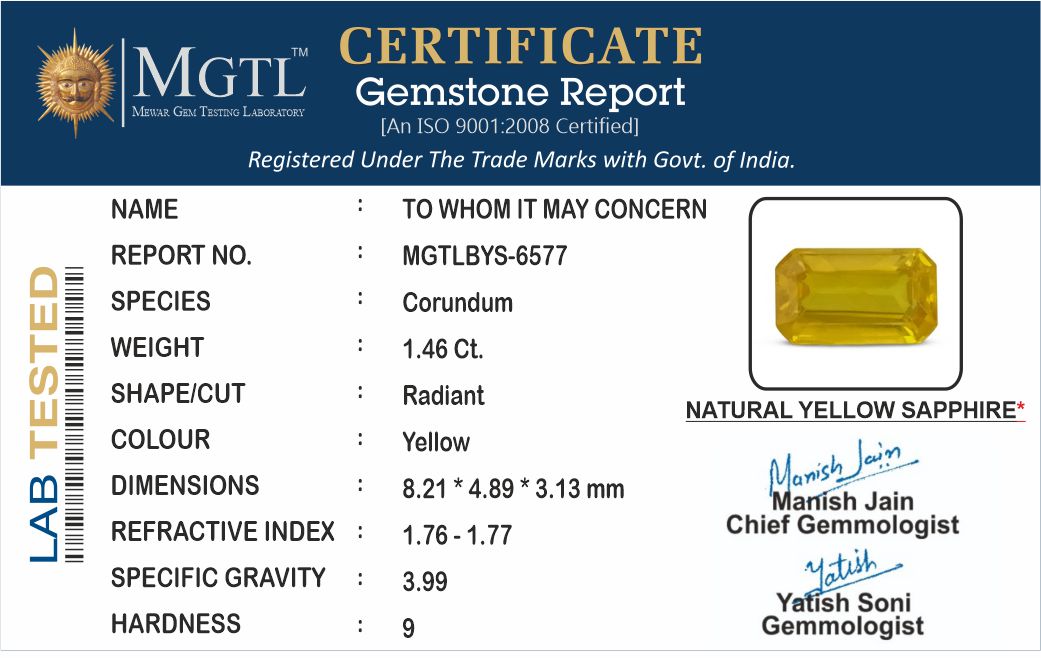 1.46 Carats Natural Yellow Sapphire