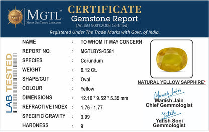 Yellow Sapphire - 6.12 Carats (Pukhraj - 6.67 Ratti)