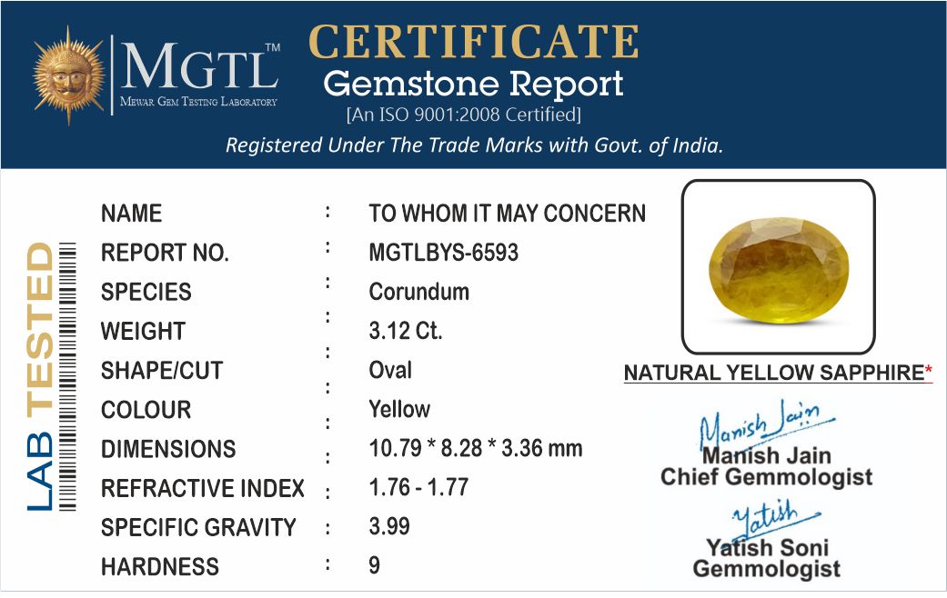 Yellow Sapphire - 3.12 Carats (Pukhraj - 3.40 Ratti)