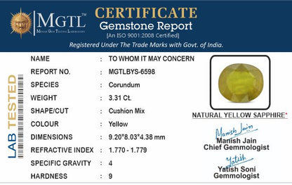 Yellow Sapphire (Pukhraj) - 3.33 Carats