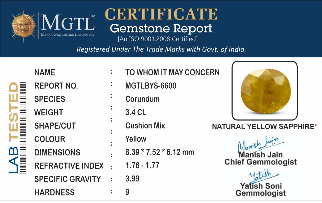 Yellow Sapphire (Pukhraj) - 3.41 Carats