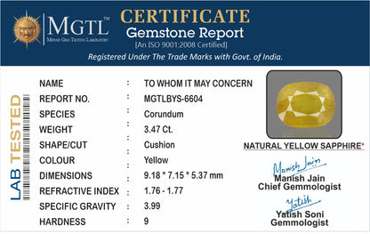 Yellow Sapphire - 3.47 Carats (Pukhraj - 3.78 Ratti)