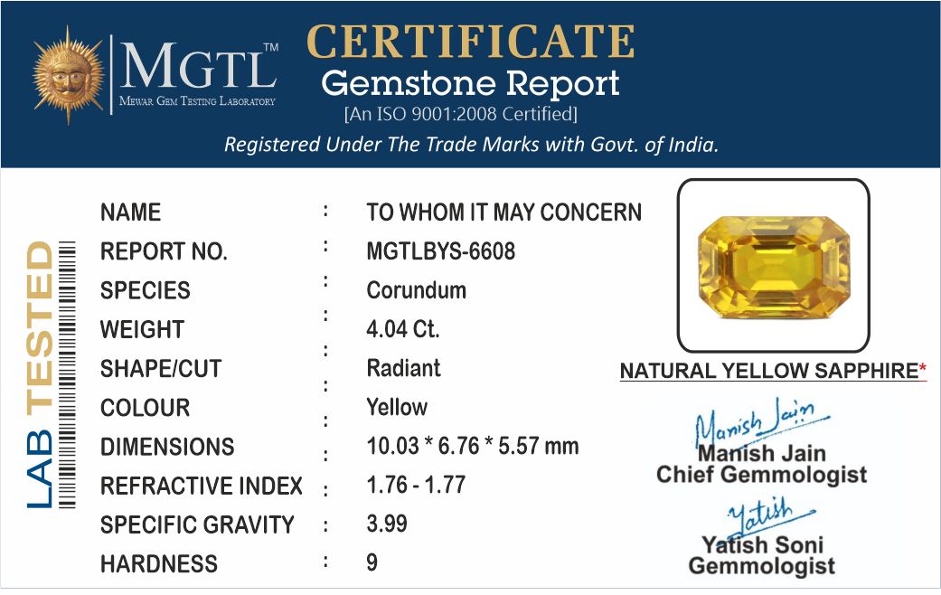 Yellow Sapphire - 4.04 Carats (Pukhraj - 4.40 Ratti)