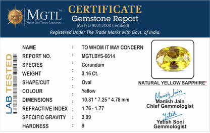Yellow Sapphire - 3.16 Carats (Pukhraj - 3.44 Ratti)