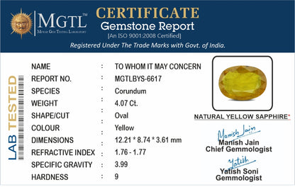 Yellow Sapphire - 4.07 Carats (Pukhraj - 4.44 Ratti)
