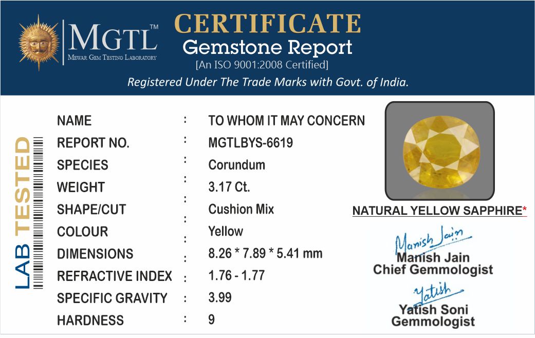 Yellow Sapphire (Pukhraj) - 3.19 Carats