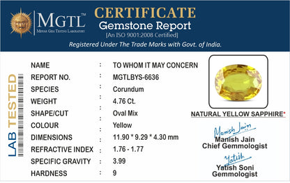 Yellow Sapphire - 4.76 Carats (Pukhraj - 5.19 Ratti)