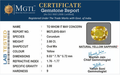 Yellow Sapphire - 3.88 Carats (Pukhraj - 4.23 Ratti)