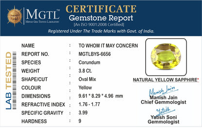 Yellow Sapphire - 3.80 Carats (Pukhraj - 4.14 Ratti)