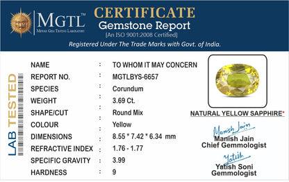 Yellow Sapphire - 3.69 Carats (Pukhraj - 4.02 Ratti)
