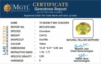 Yellow Sapphire (Pukhraj) - 3.84 Carats