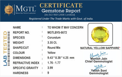 Yellow Sapphire (Pukhraj) - 3.36 Carats