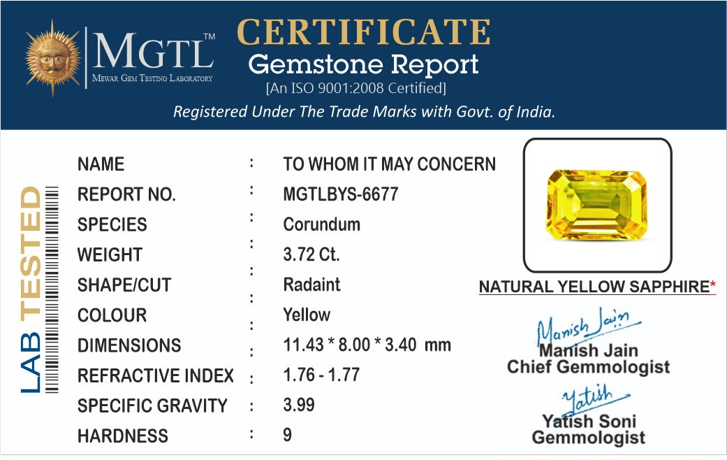 Yellow Sapphire - 3.72 Carats (Pukhraj - 4.05 Ratti)