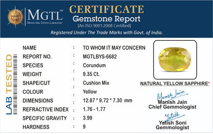 Yellow Sapphire - 9.35 Carats (Pukhraj - 10.19 Ratti)