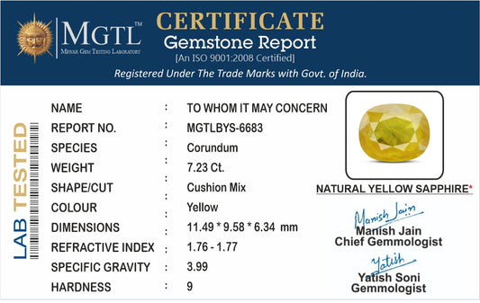 Yellow Sapphire - 7.23 Carats (Pukhraj - 7.88 Ratti)