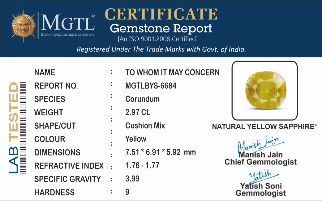 Yellow Sapphire - 2.97 Carats (Pukhraj - 3.24 Ratti)
