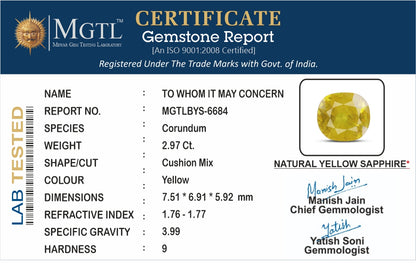 Yellow Sapphire - 2.97 Carats (Pukhraj - 3.24 Ratti)