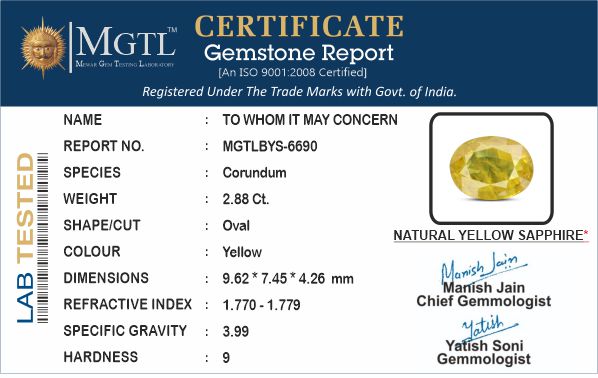 Yellow Sapphire (Pukhraj) - 2.88 Carats