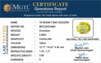 Yellow Sapphire - 5.89 Carats (Pukhraj - 6.42 Ratti)
