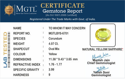 Yellow Sapphire (Pukhraj) - 4.07 Carats