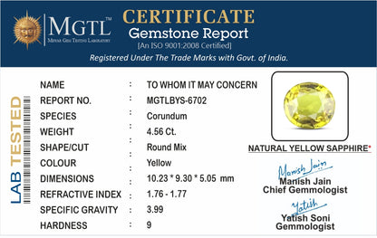 Yellow Sapphire (Pukhraj) - 4.56 Carats