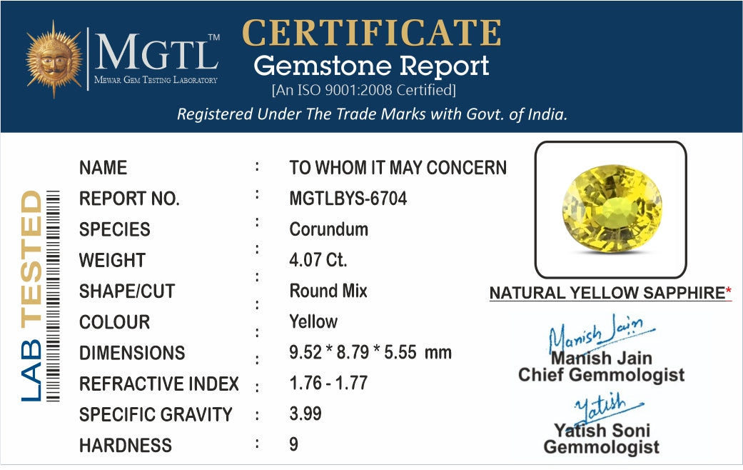 Yellow Sapphire - 4.07 Carats (Pukhraj - 4.44 Ratti)
