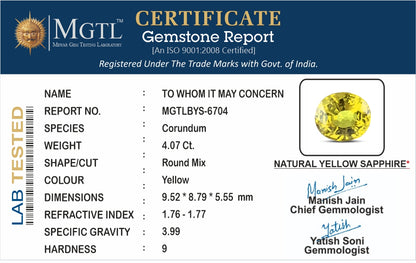 Yellow Sapphire - 4.07 Carats (Pukhraj - 4.44 Ratti)