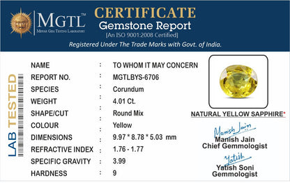 Yellow Sapphire - 4.01 Carats (Pukhraj - 4.37 Ratti)