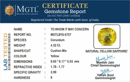 Yellow Sapphire - 4.32 Carats (Pukhraj - 4.71 Ratti)