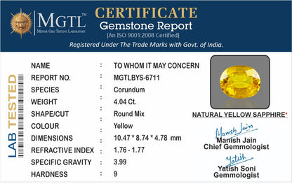 Yellow Sapphire - 4.04 Carats (Pukhraj - 4.40 Ratti)